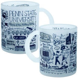 frosted glass mug with Julia Gash illustrated Penn State University graphics